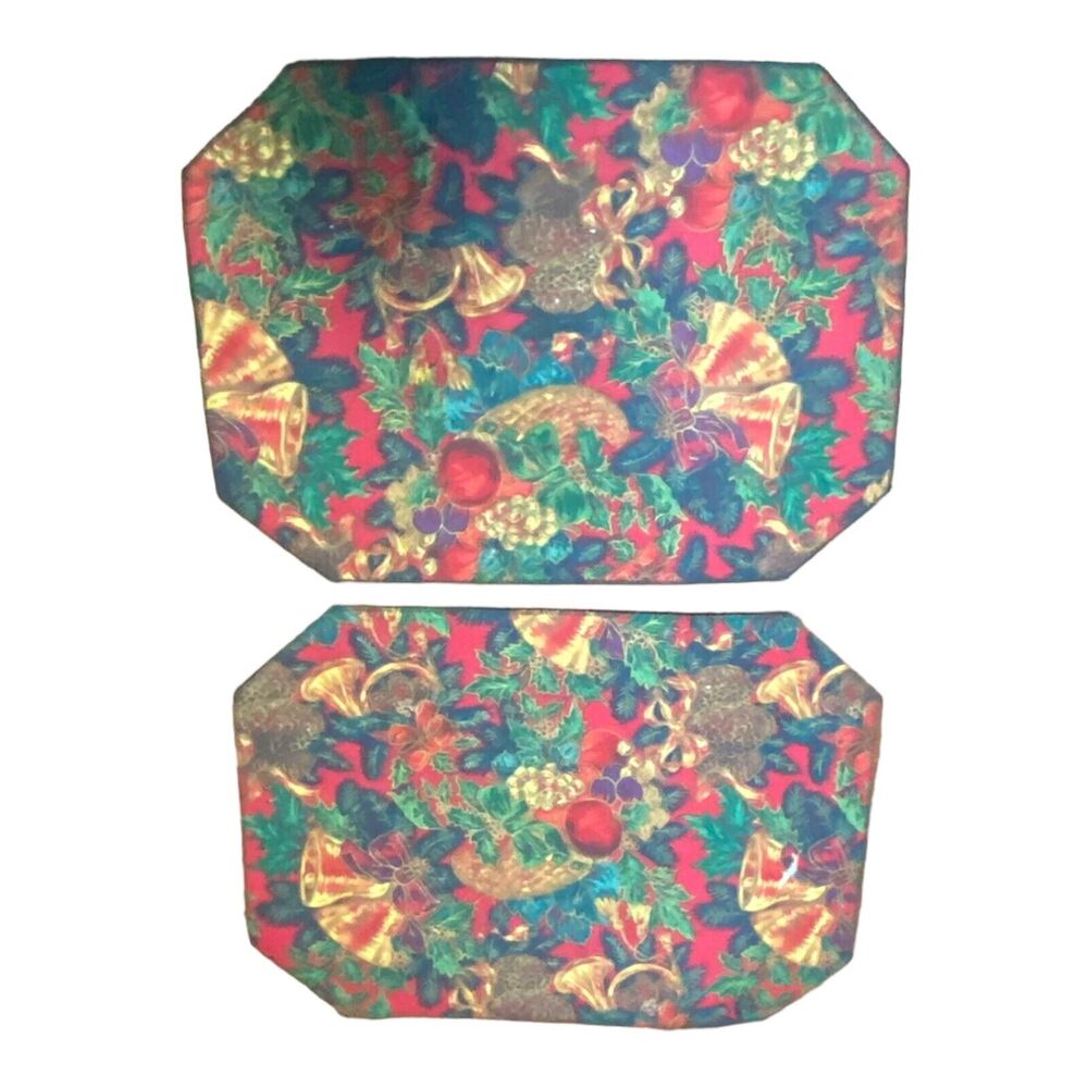 Set Of 2 Winter Christmas Themed Placemats Fabric Washable Reversible Red Green